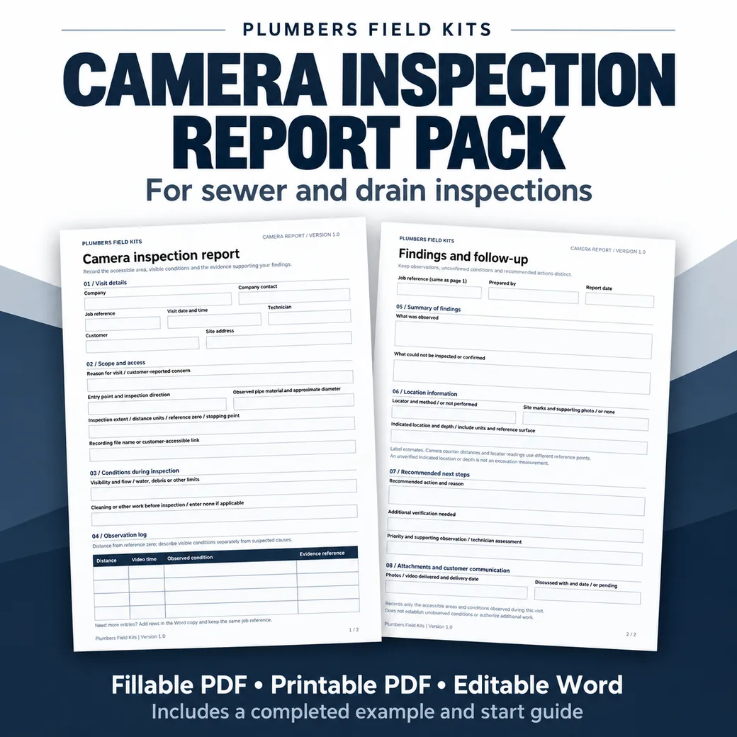 Camera Inspection Report Pack cover, showing the two-page camera inspection report and the findings and follow-up sheet